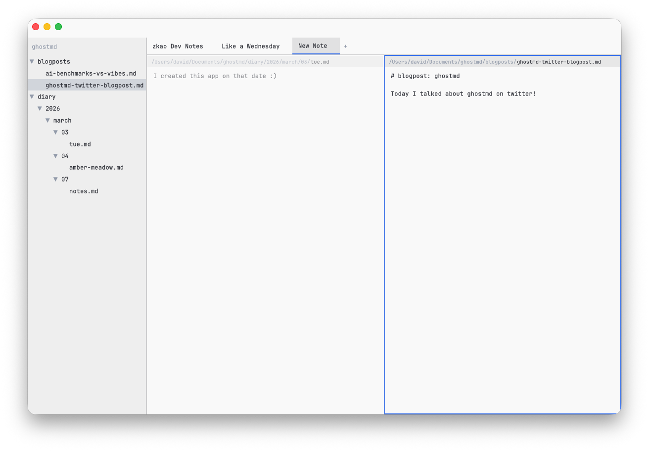 GhostMD dark editing view with file tree