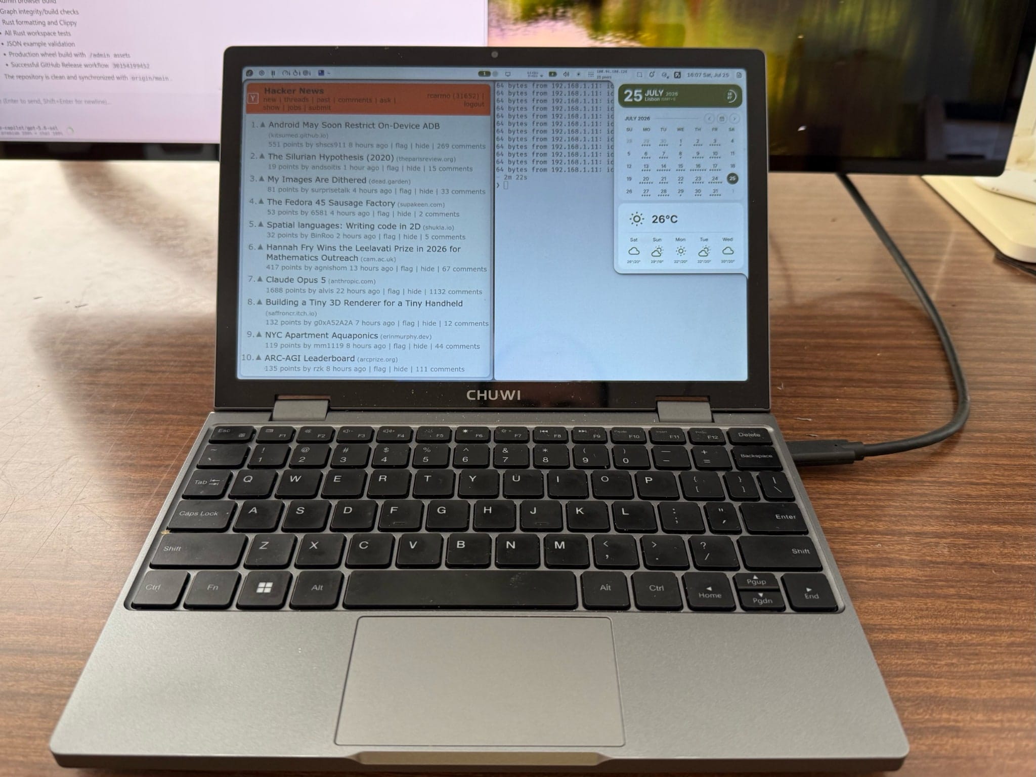 The Chuwi MiniBook X connected to an external display