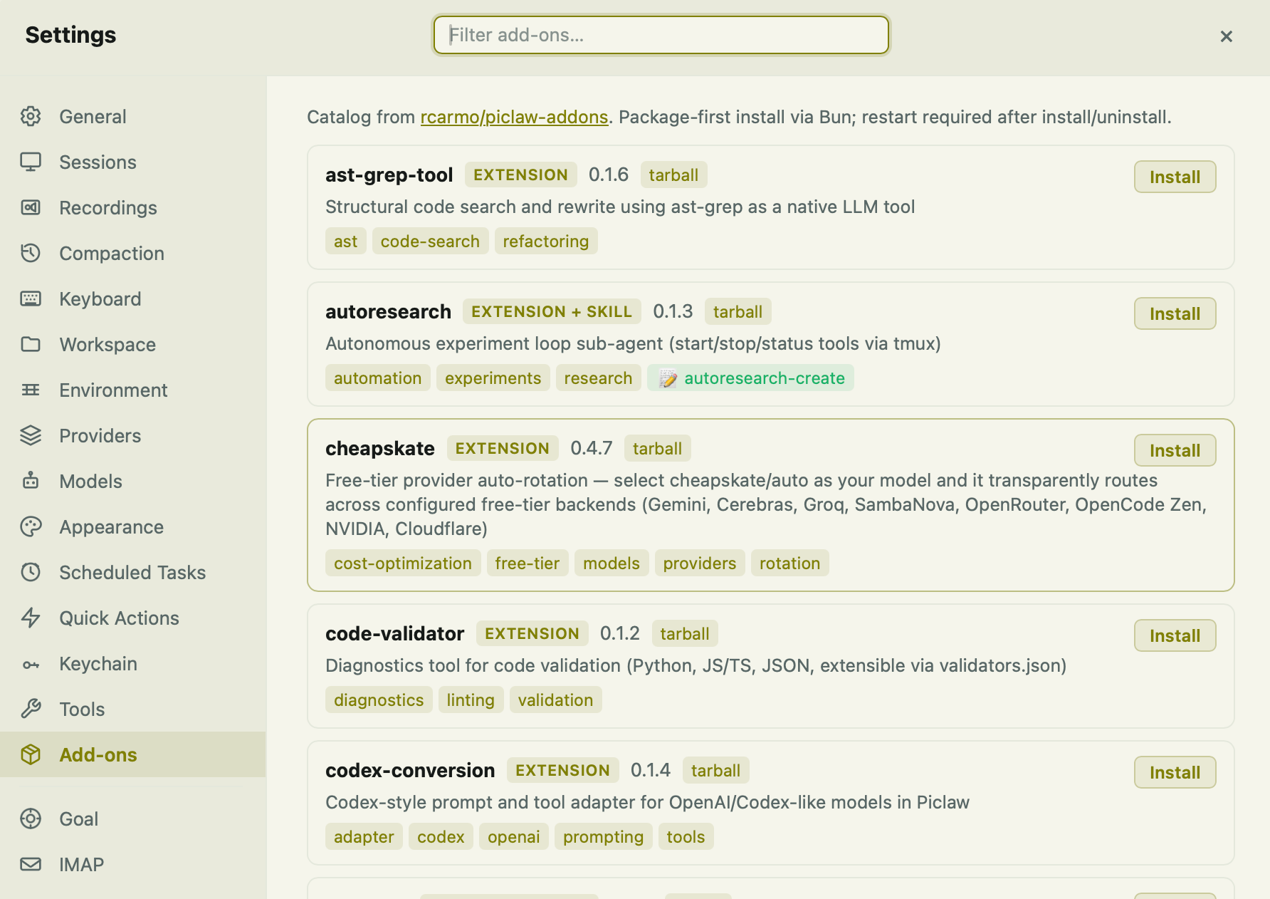 The Piclaw add-on library displayed in its management interface