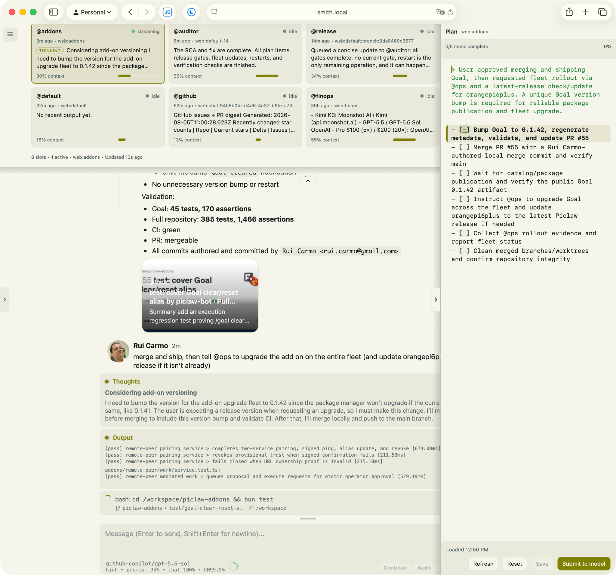 The Piclaw interface with its timeline, plan and utility panes open