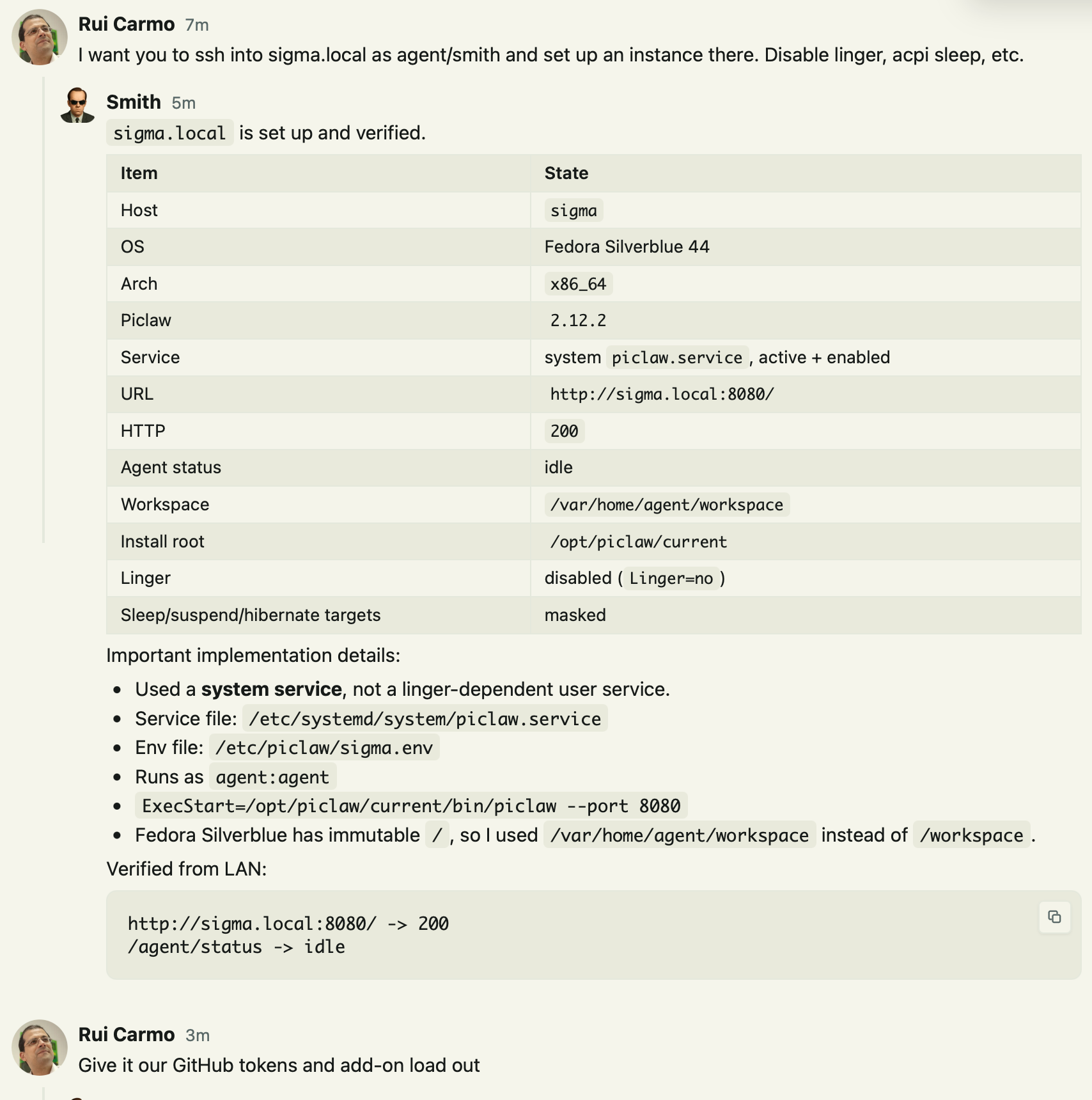 Piclaw setting itself up on a remote host