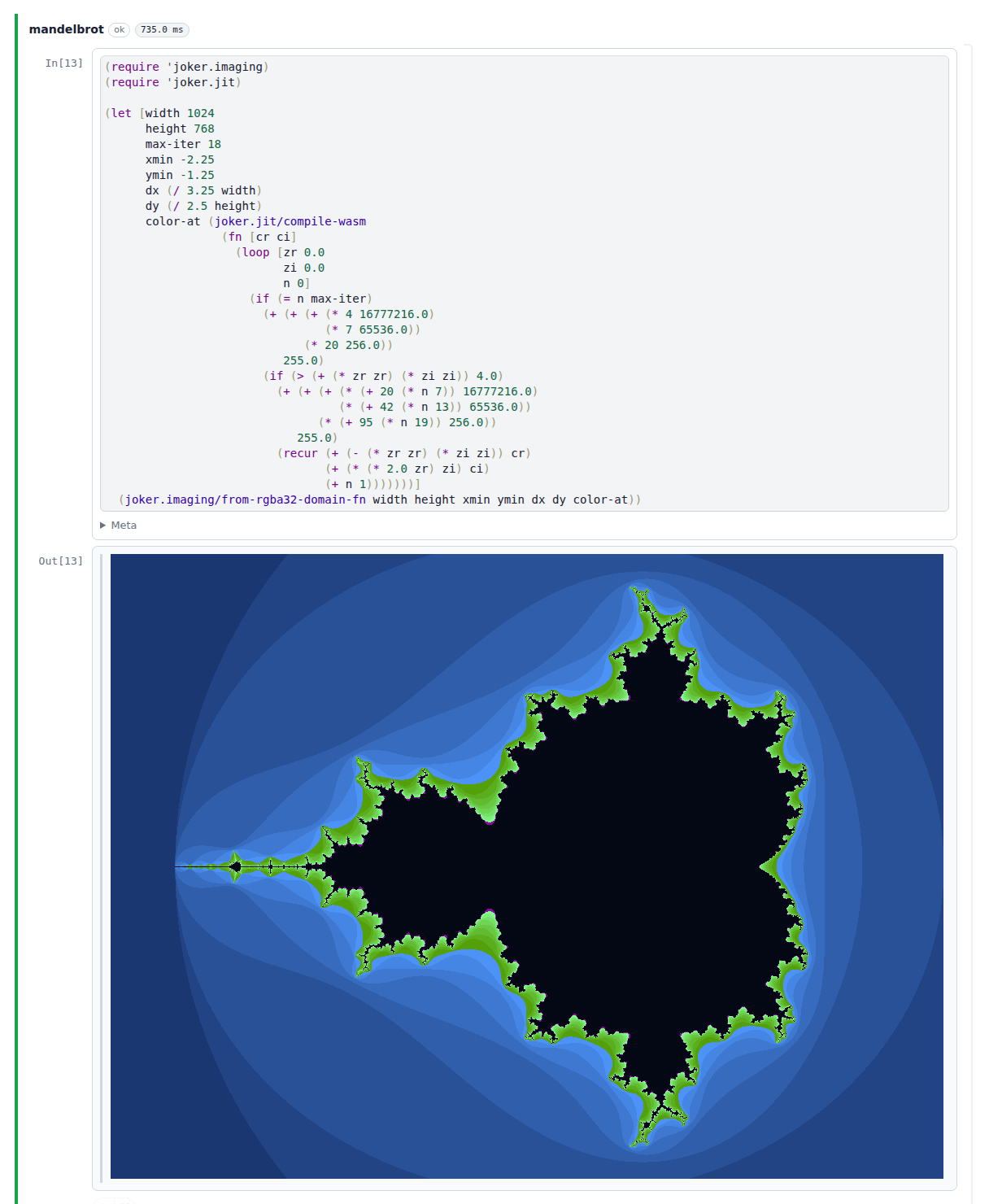 go-joker notebook with Mandelbrot rendering