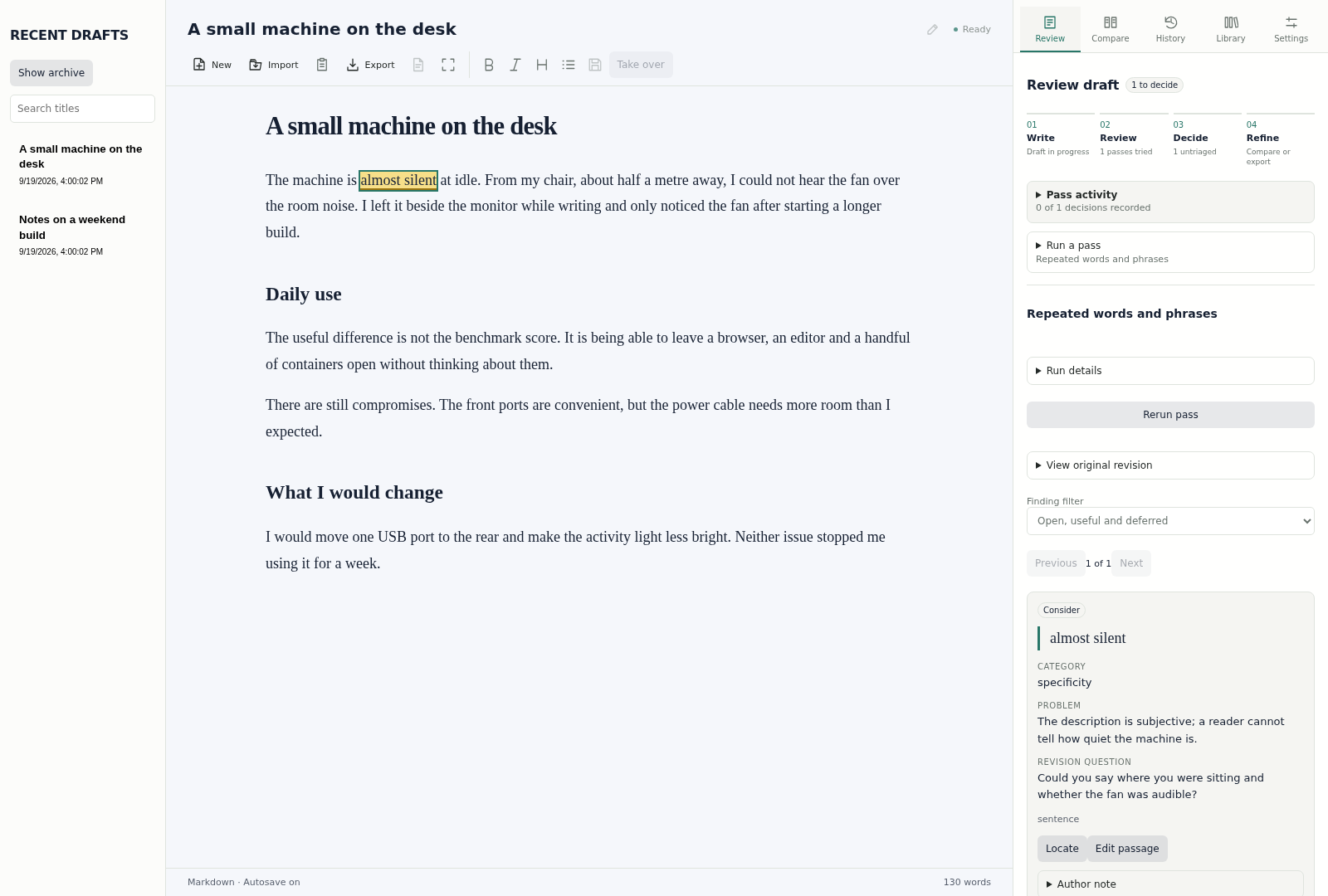 Writing workshop interface