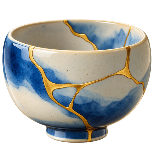 Blue and white ceramic bowl with cracks repaired in gold