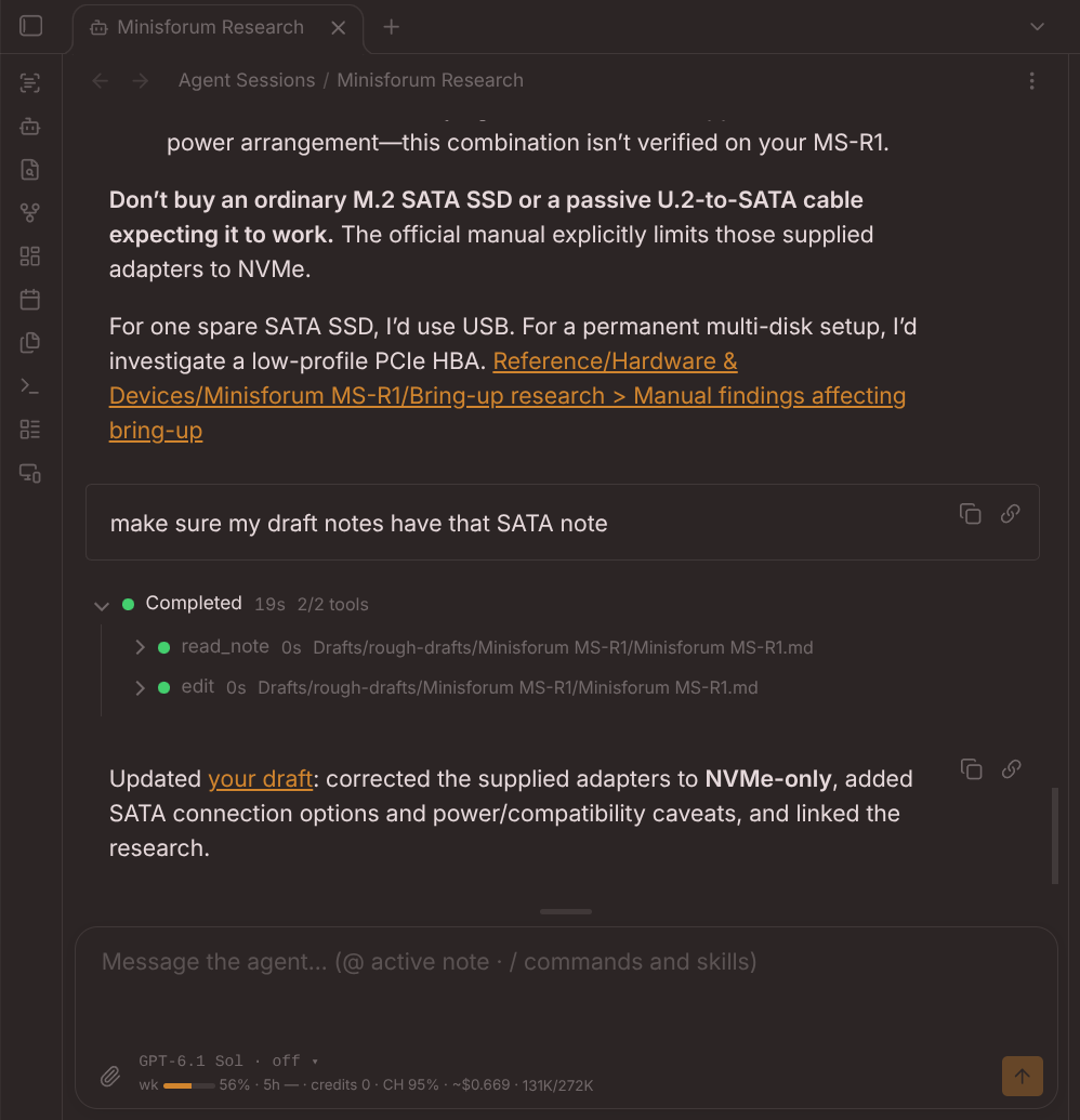 Markport running Obsidian in a browser, with the embedded agent updating draft notes from hardware research
