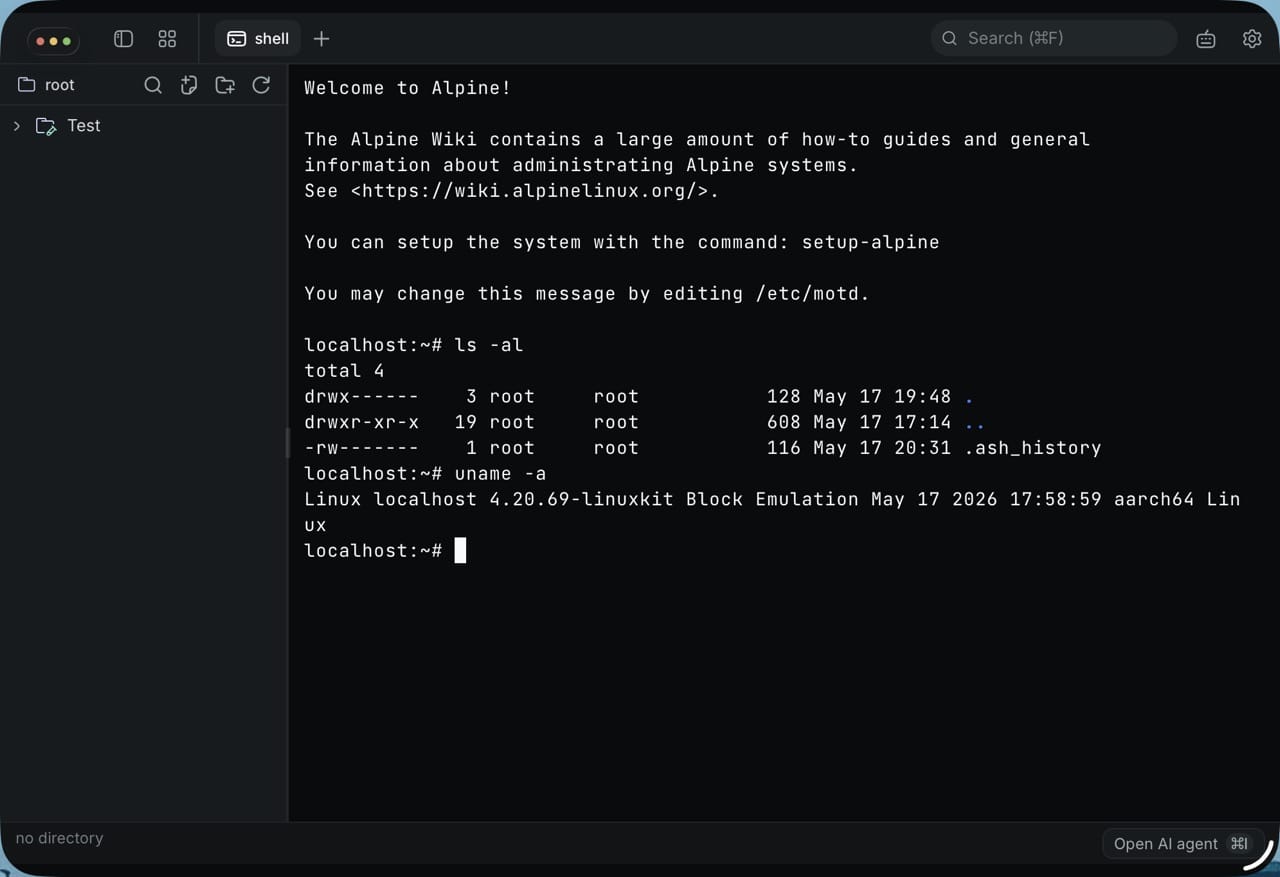 Terax AI terminal running in ios-linuxkit