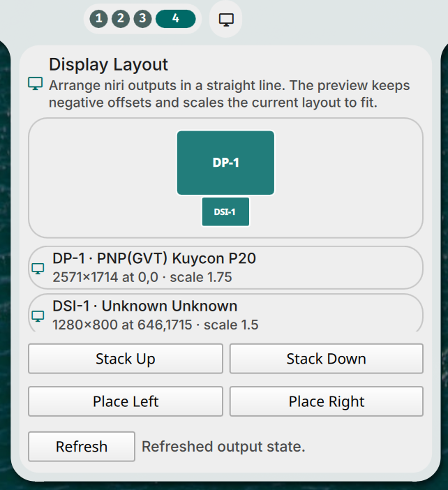 Niri display layout plugin showing the Kuycon P20 external display and built-in DSI screen arranged in a stacked layout
