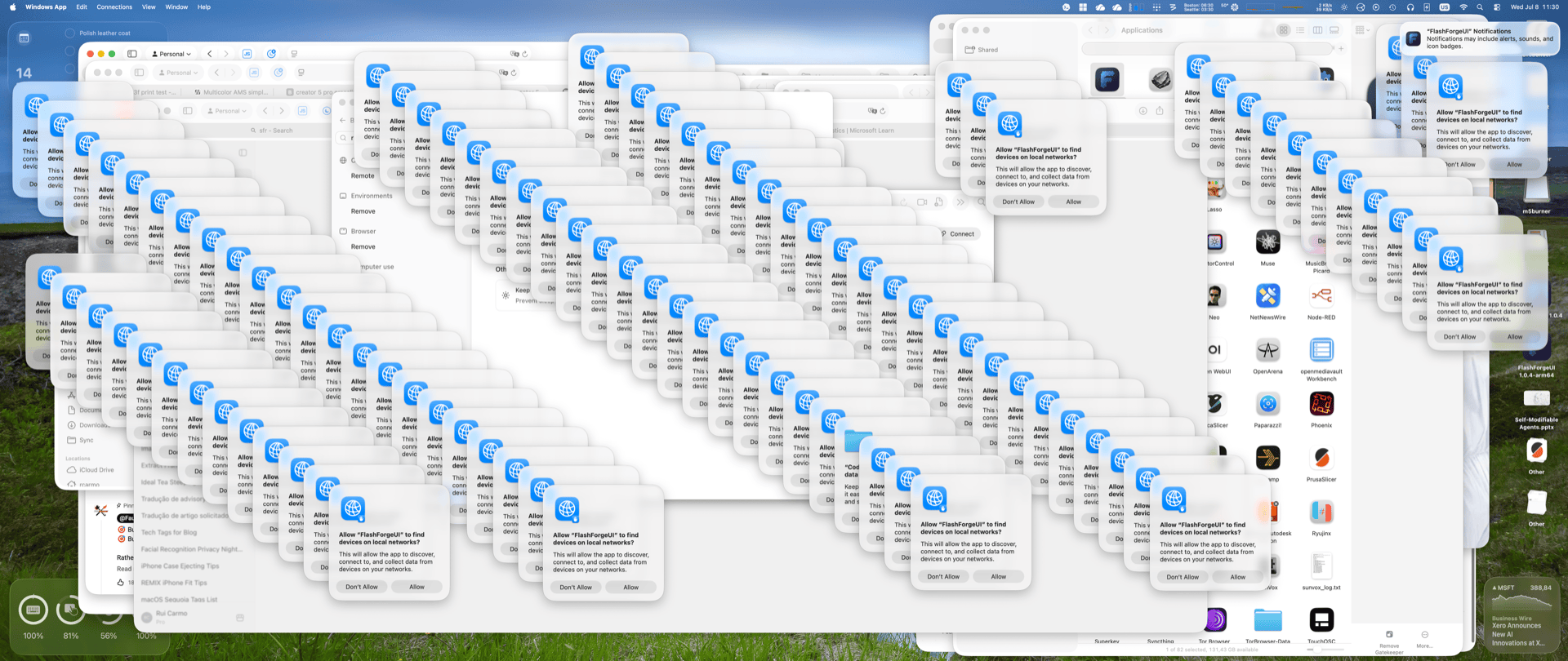 Dozens of overlapping macOS local network permission prompts triggered by FlashForgeUI