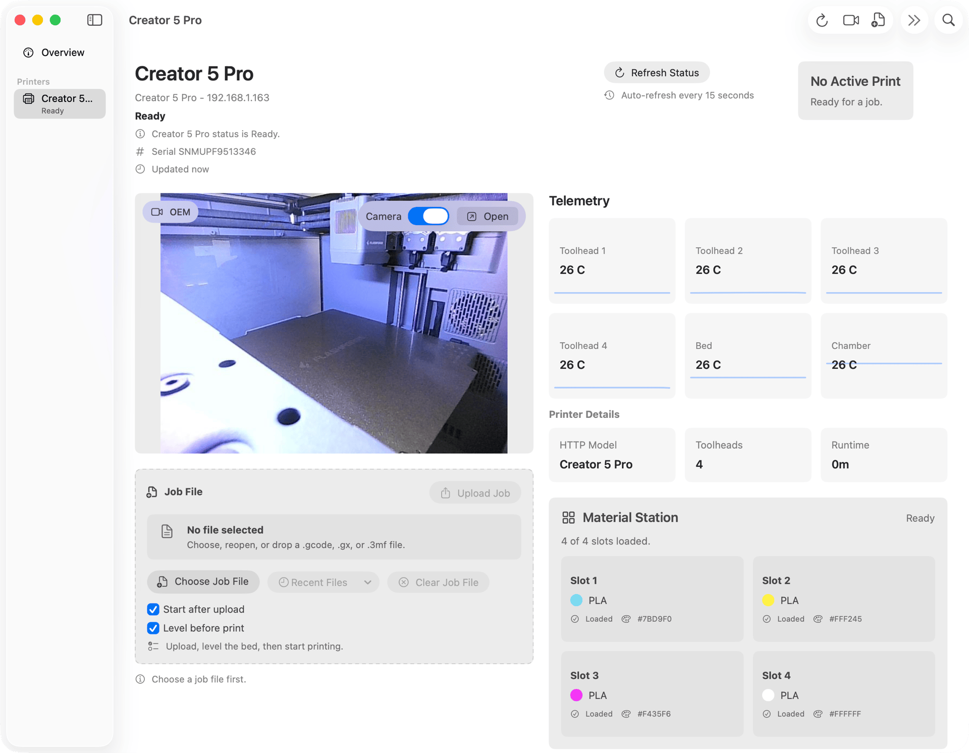 FlashForgeUI showing live status, camera, telemetry and material data from the Creator 5 Pro