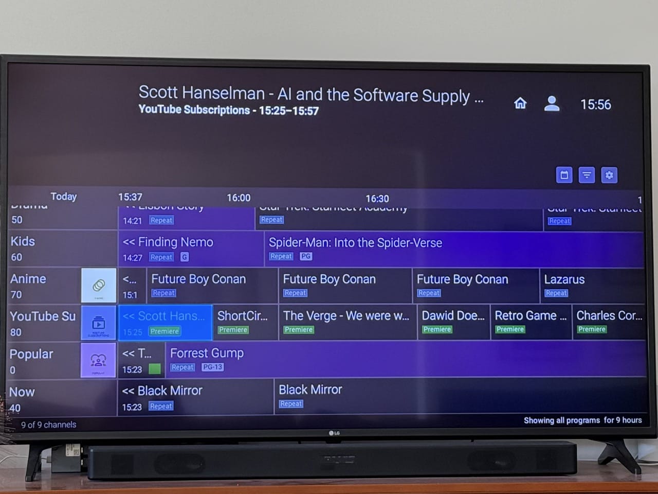 Jellyfin LiveTube channel guide on a television