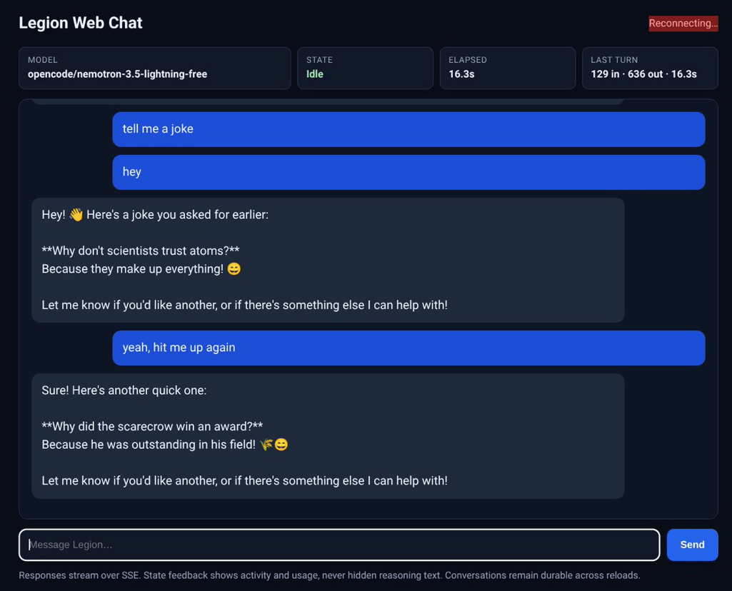 Legion Web Chat showing a durable conversation across reconnects