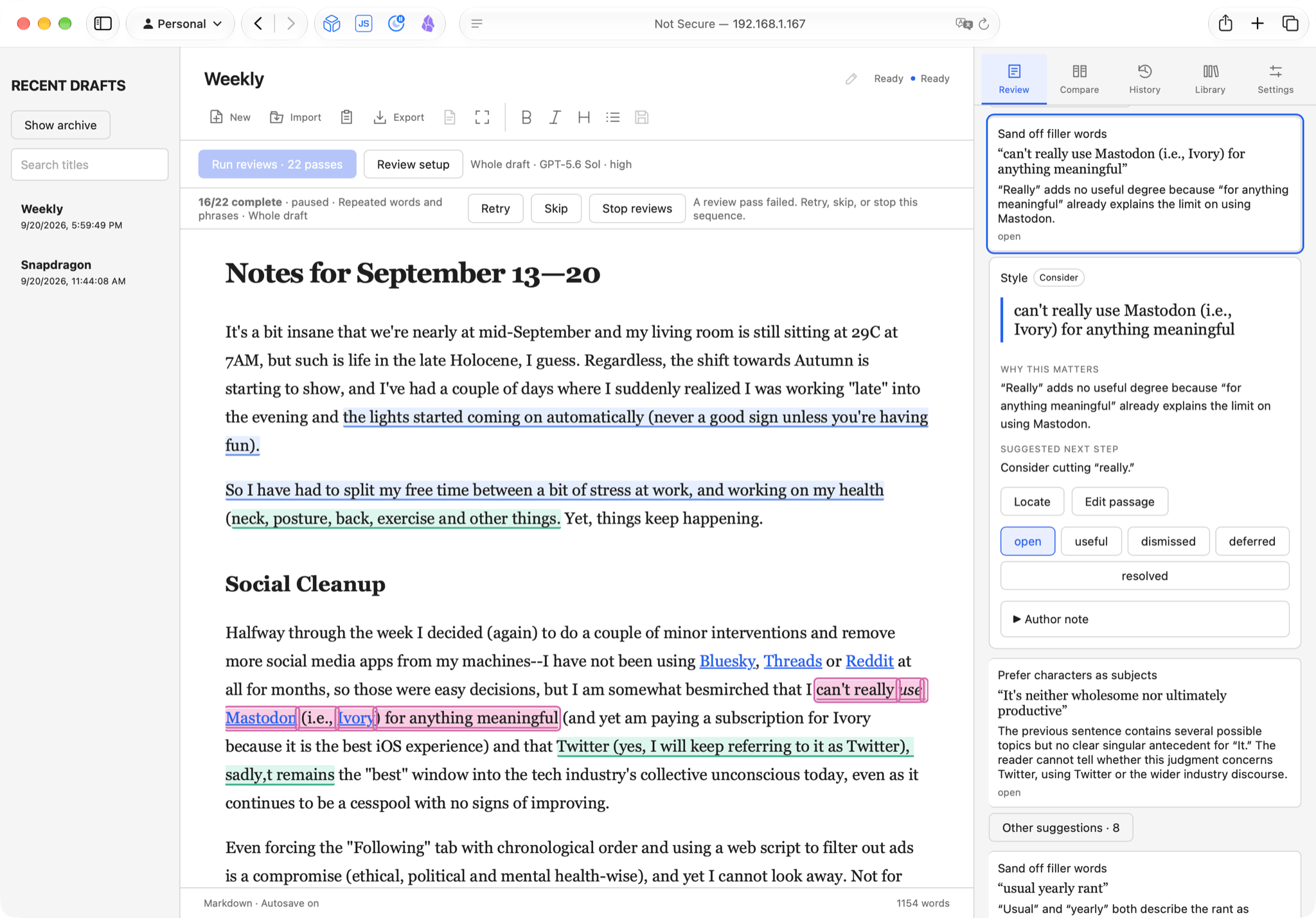 Writing Workshop showing the weekly draft with highlighted passages and a review findings panel