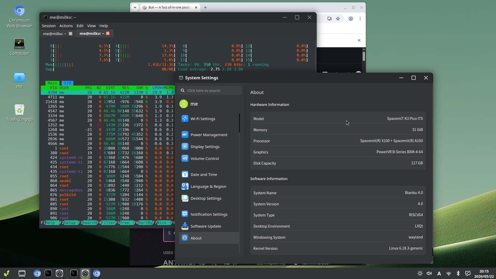 MilkV Jupiter 2 LXQt on Wayland - note how only the first 8 cores are active