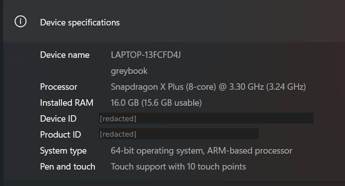 Windows Device specifications panel for the Surface Laptop