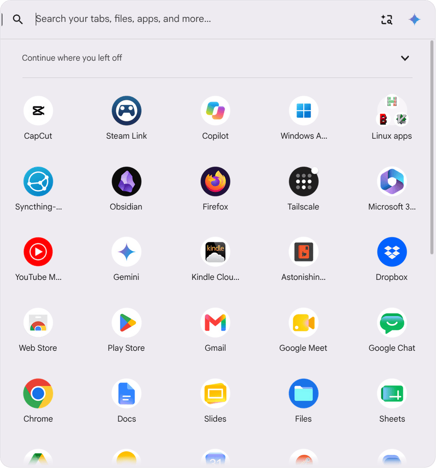 ChromeOS launcher containing Syncthing, Obsidian, Tailscale, Steam Link, Windows App and Linux apps