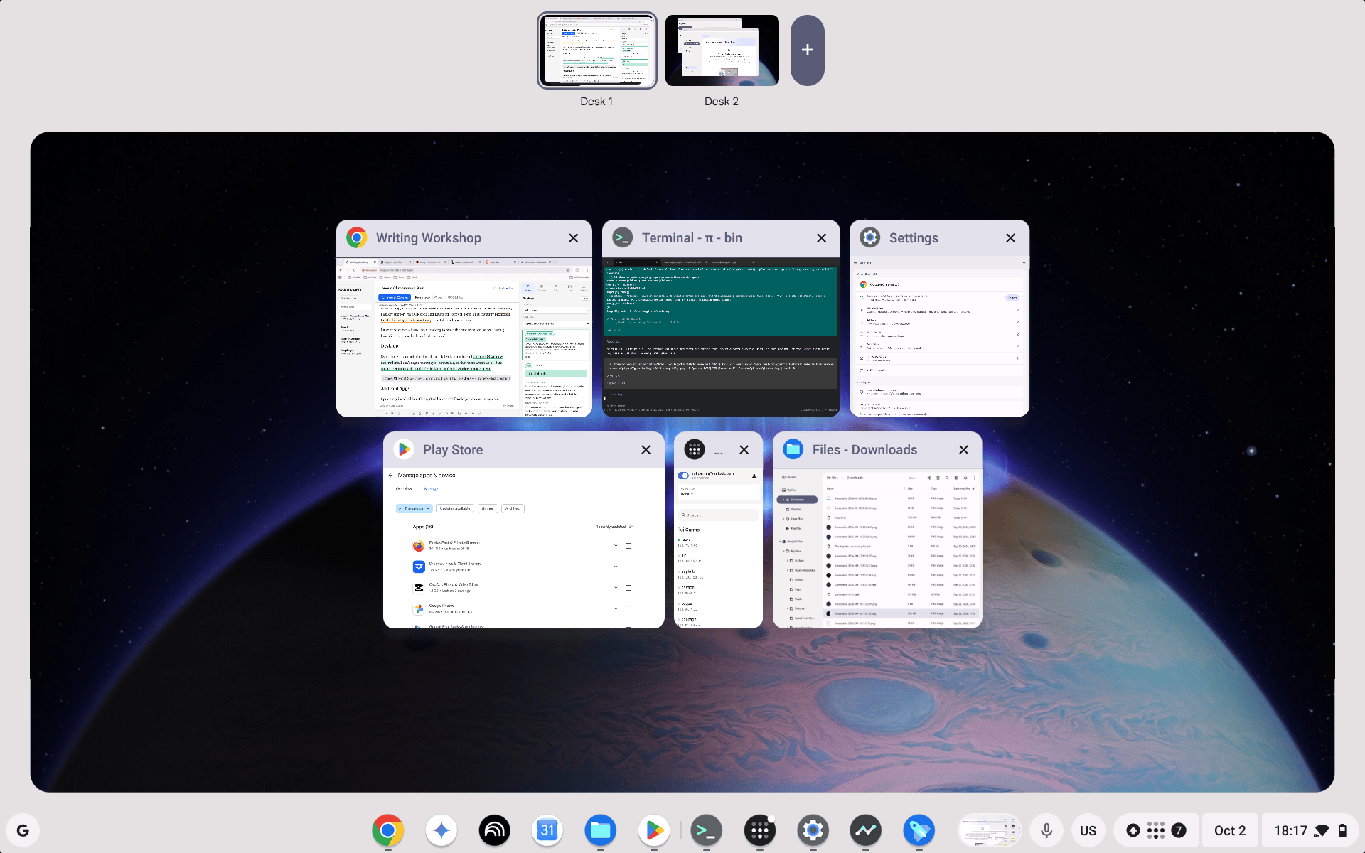 ChromeOS overview with two virtual desktops and windows for Writing Workshop, Terminal, Settings, Play Store, Tailscale and Files