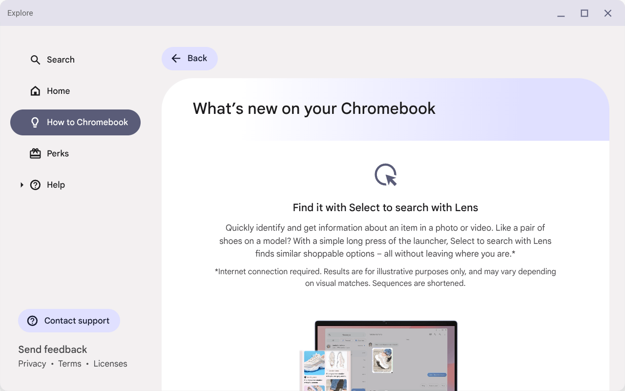 Chromebook What's new page promoting Select to search with Lens and shopping results