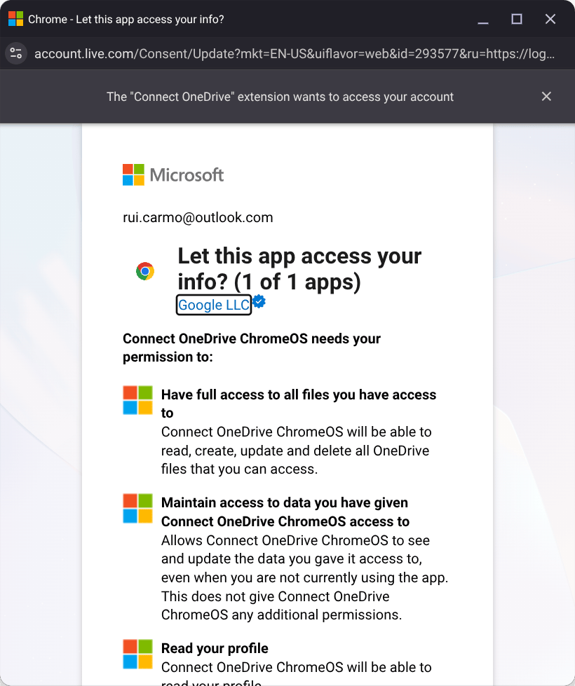 Connect OneDrive consent dialogue box requesting full file access and ongoing access to account data