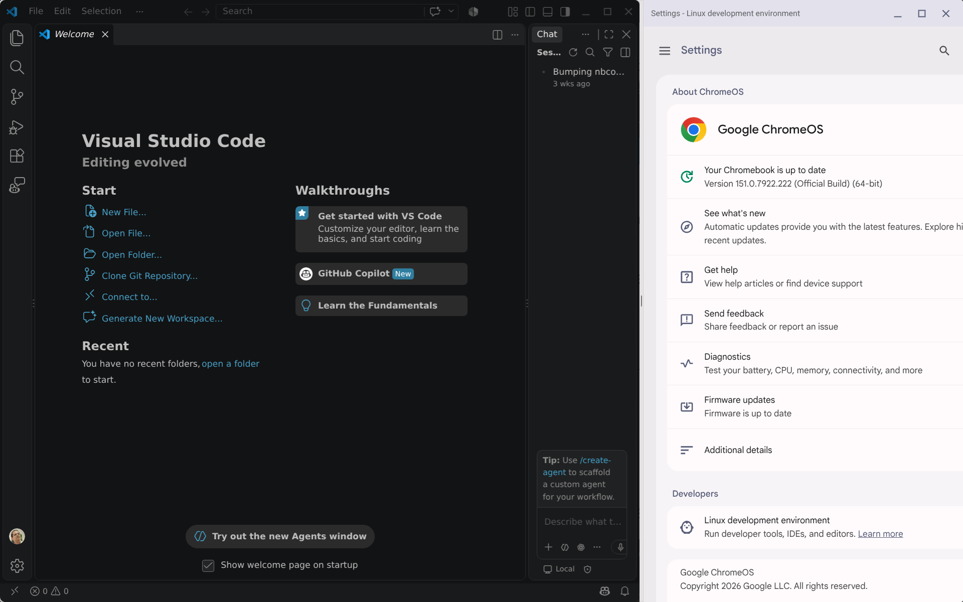 Visual Studio Code running beside ChromeOS settings for the Linux development environment
