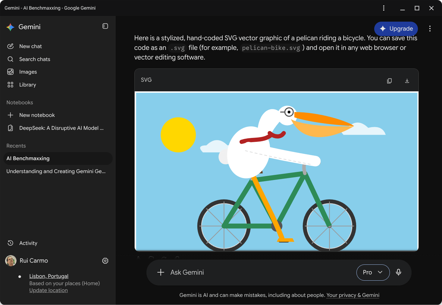 Gemini displaying a generated SVG of a pelican riding a bicycle