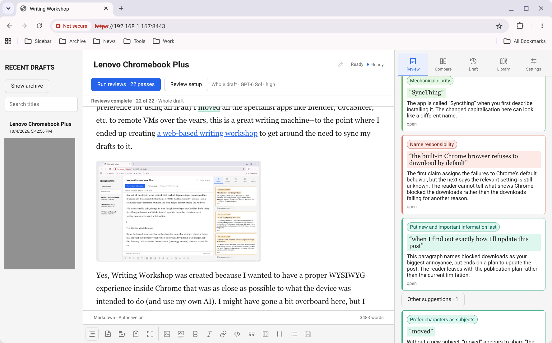 Writing Workshop in Chrome, with a formatted draft and editorial suggestions in a side panel